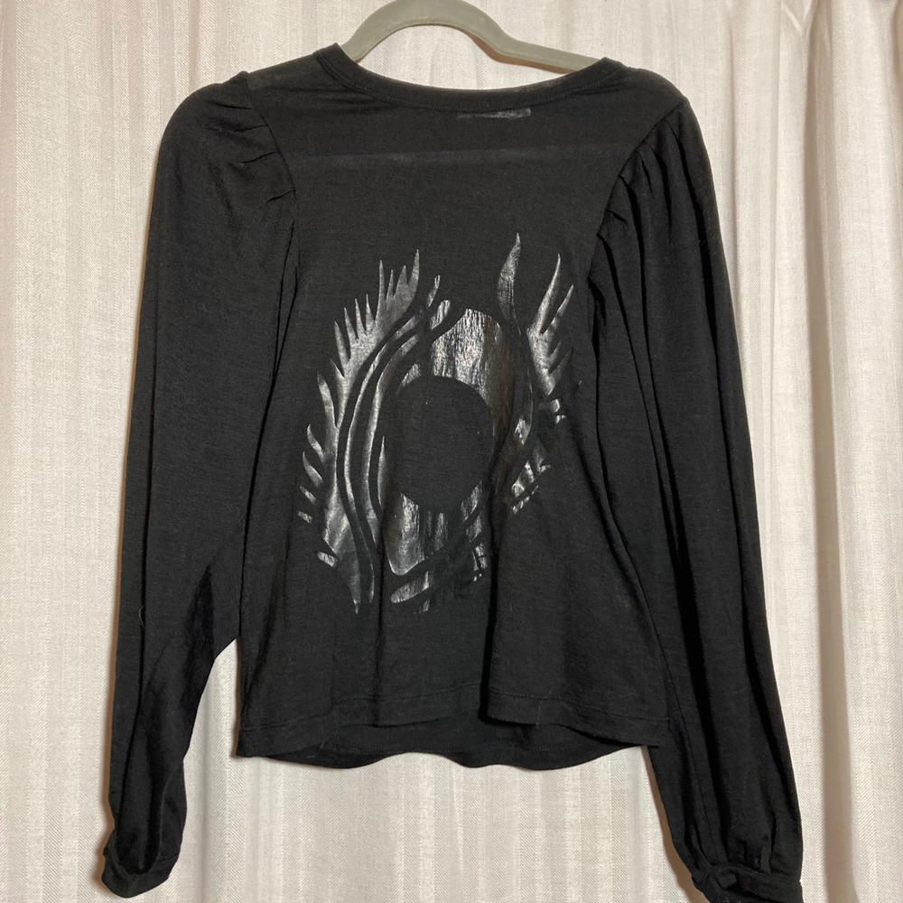 Anna Molinari Black Wool Blend Graphic Puff Sleeve Top Made in Italy Size IT 40